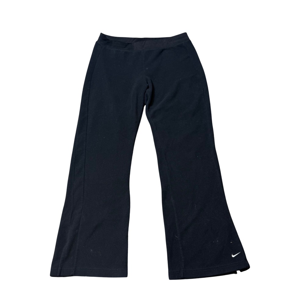 Nike Fleece Pants Womens L Black Gorpcore Wide Leg Side Slit Swoosh Logo